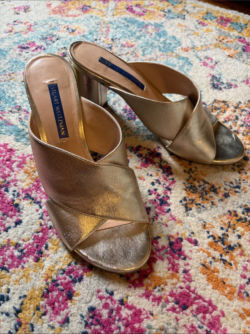 Stuart Weitzman Metallic Gold Crisscross Mule Heels